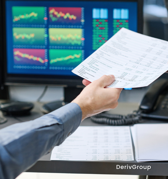 Person reviewing financial market trends and mark-to-market adjustments, illustrating valuation of derivatives in hedge accounting